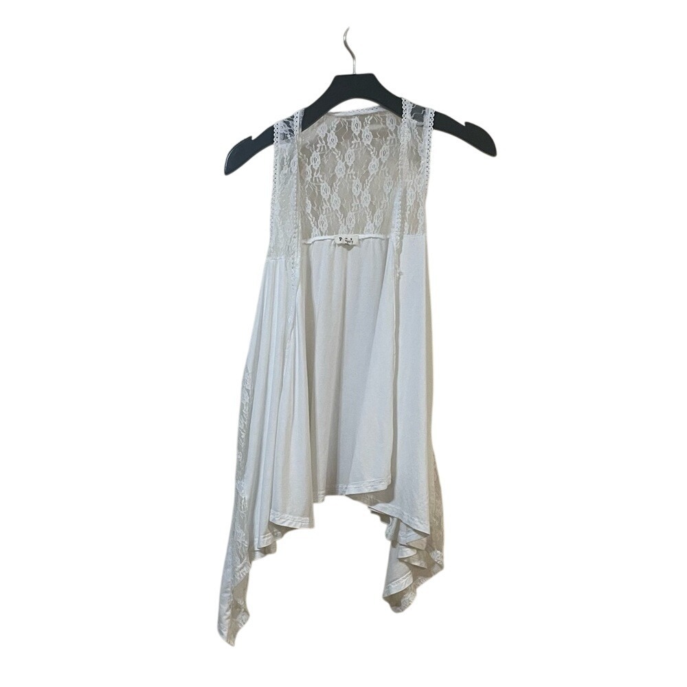 POL White Lace Trim Asymmetrical Hem Vest Cardigan Lightweight Women's L